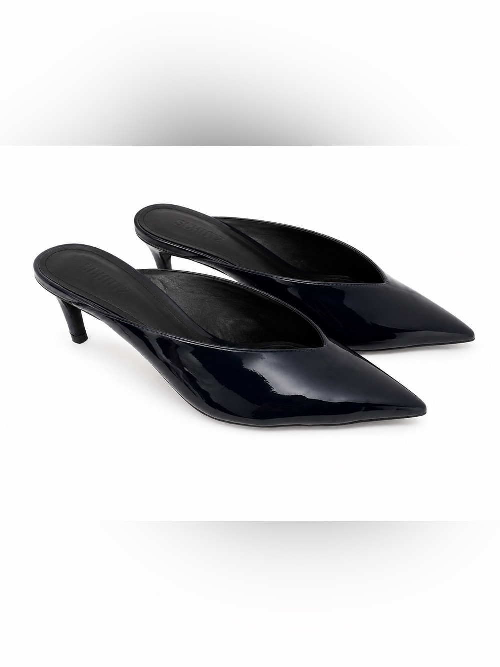 Schutz Loren Mid Patent Leather Pointed Toe Mule Heels Oxford Blue Size 8B NIB